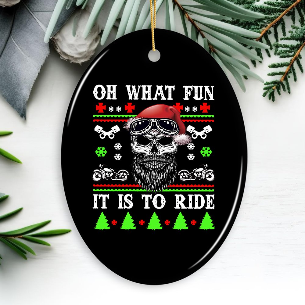 Biker Skull Santa Christmas Ornament Ceramic Ornament OrnamentallyYou Oval