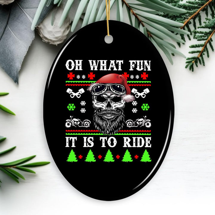 Biker Skull Santa Christmas Ornament Ceramic Ornament OrnamentallyYou Oval