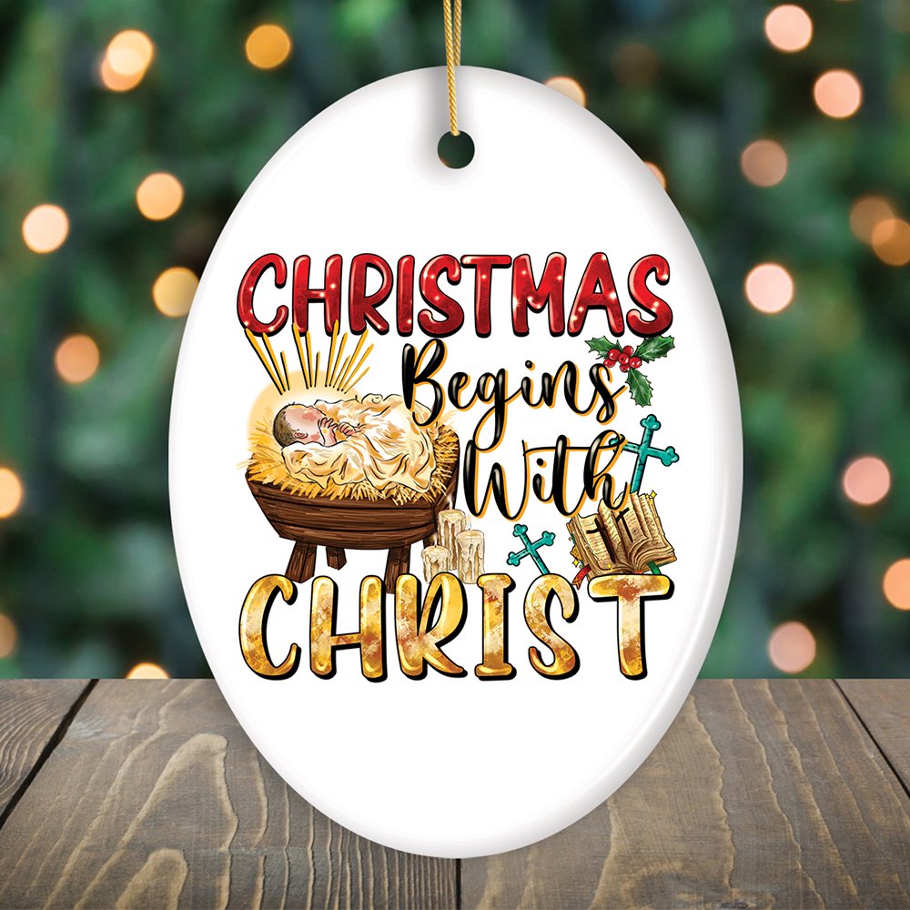Dazzling Christmas Begins with Christ Ornament, Ceramic Christian Holiday Art Ceramic Ornament OrnamentallyYou Oval 
