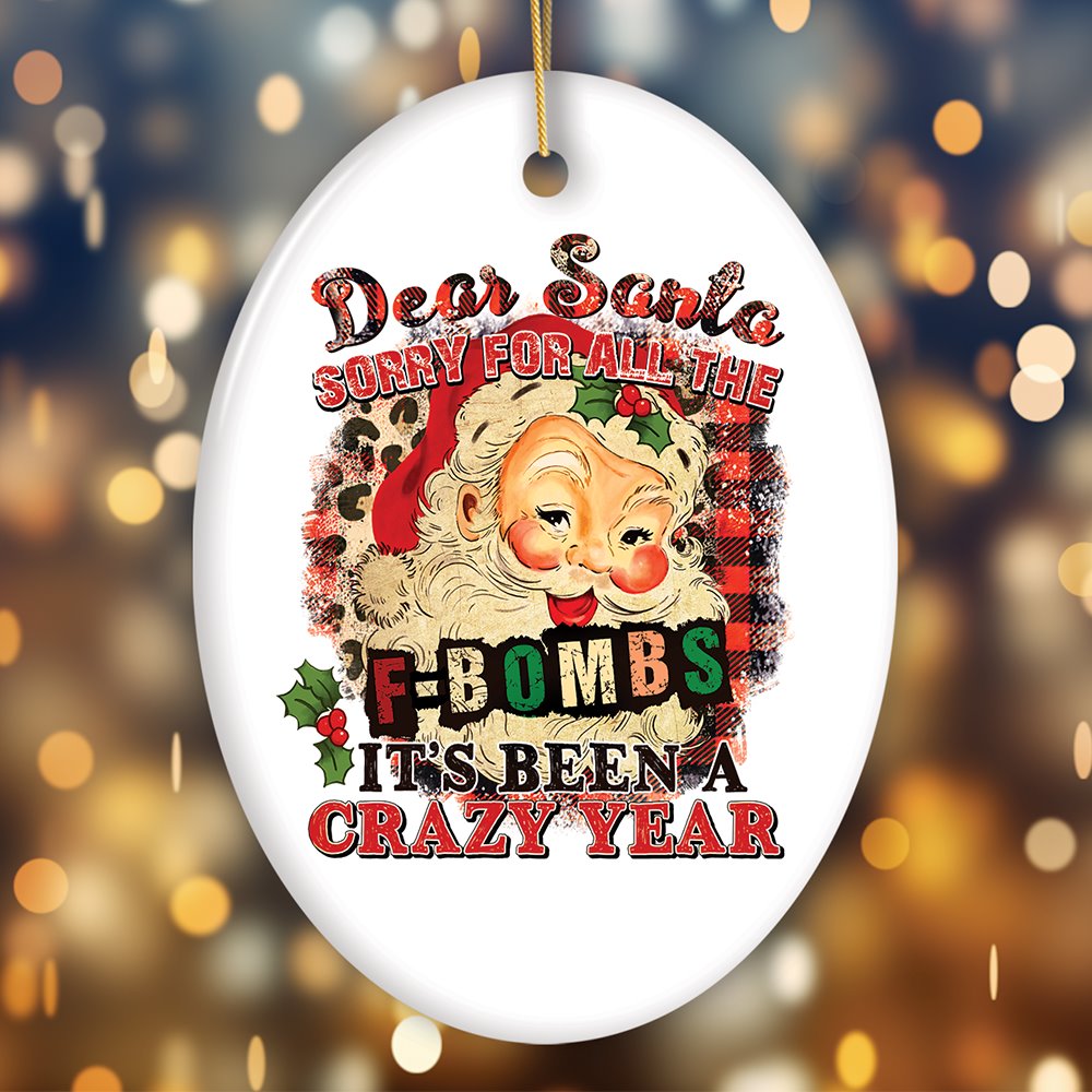 Deer Santa Sorry for all the F Bombs it’s been a Crazy Year Funny Quote Christmas Ornament Ceramic Ornament OrnamentallyYou Oval
