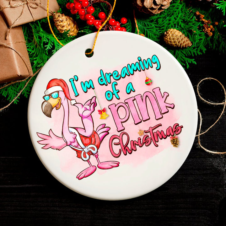 Dreaming of a Pink Christmas Flamingo Ornament, Vacation Theme Ceramic Ornament OrnamentallyYou