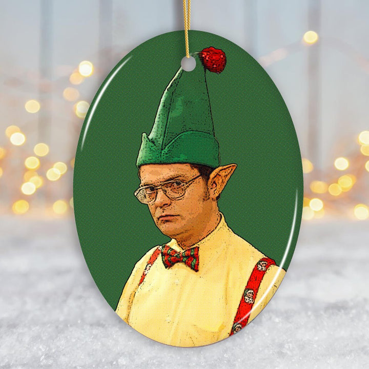 Dwight Schrute Elf Christmas Ornament, The Office Ceramic Ornament OrnamentallyYou Oval