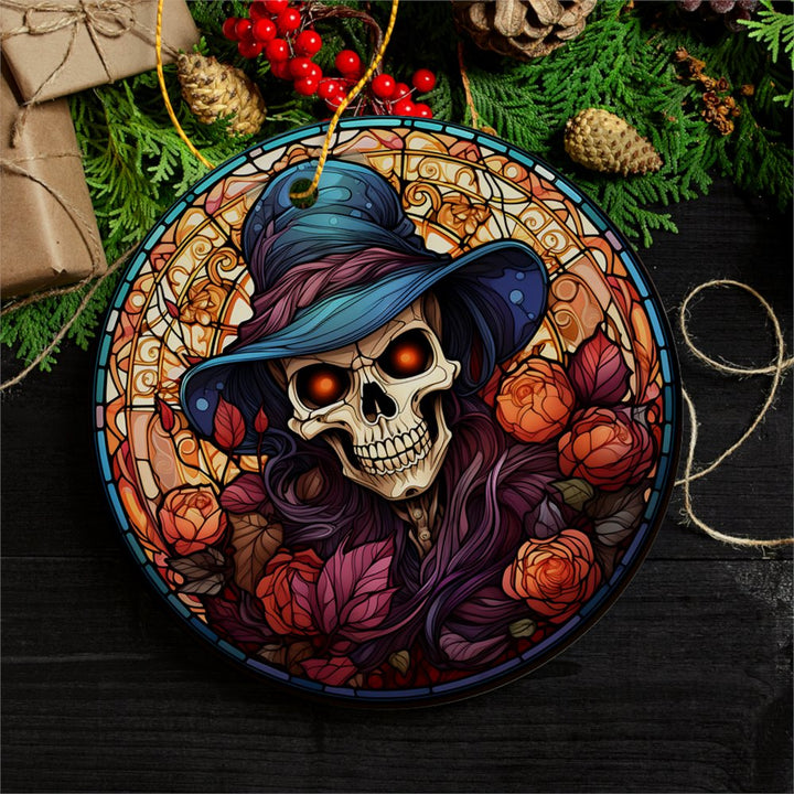 Elegant Skull with Blue Hat Stained Glass Style Ceramic Ornament, Halloween Themed Christmas Gift and Decor Ceramic Ornament OrnamentallyYou