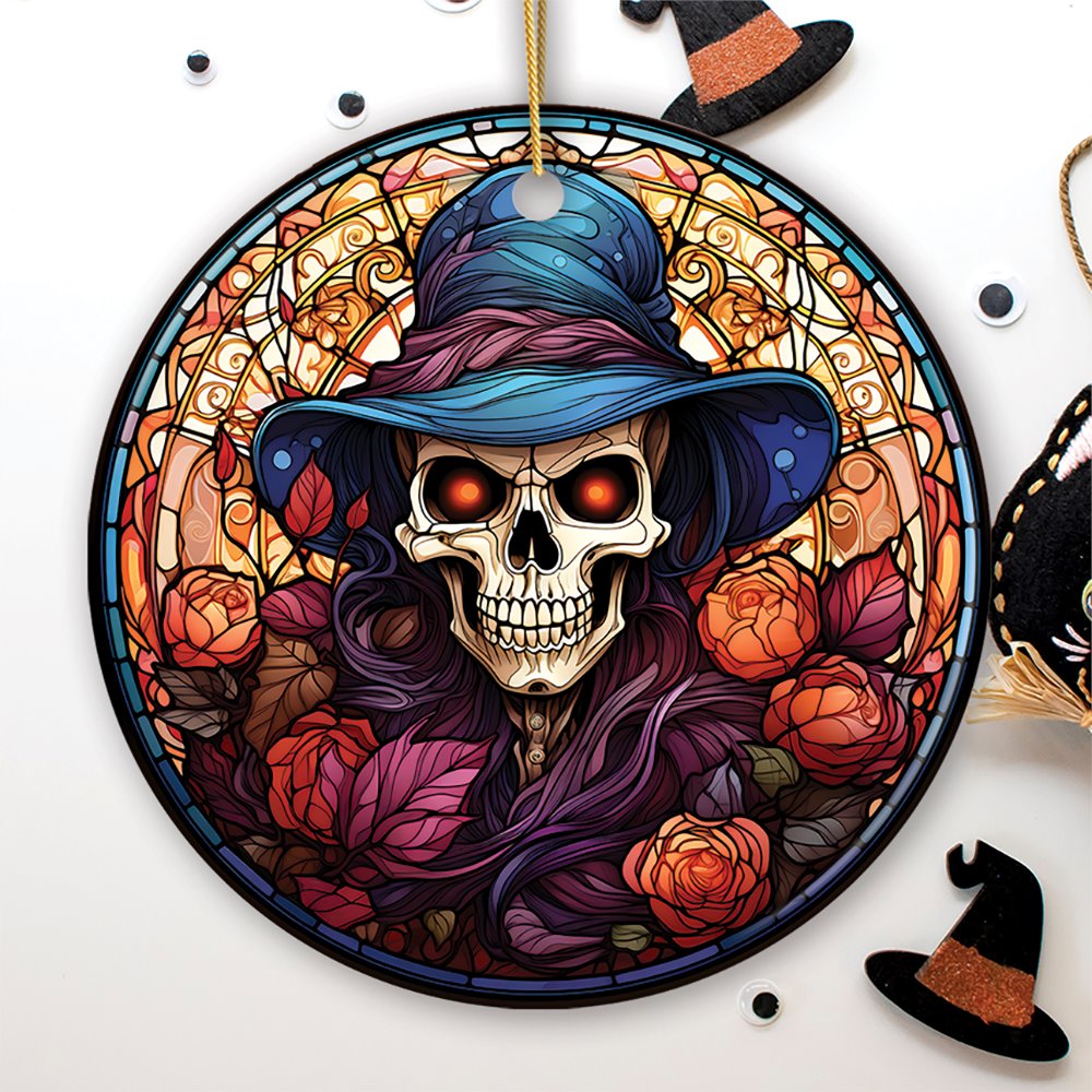 Elegant Skull with Blue Hat Stained Glass Style Ceramic Ornament, Halloween Themed Christmas Gift and Decor Ceramic Ornament OrnamentallyYou Circle