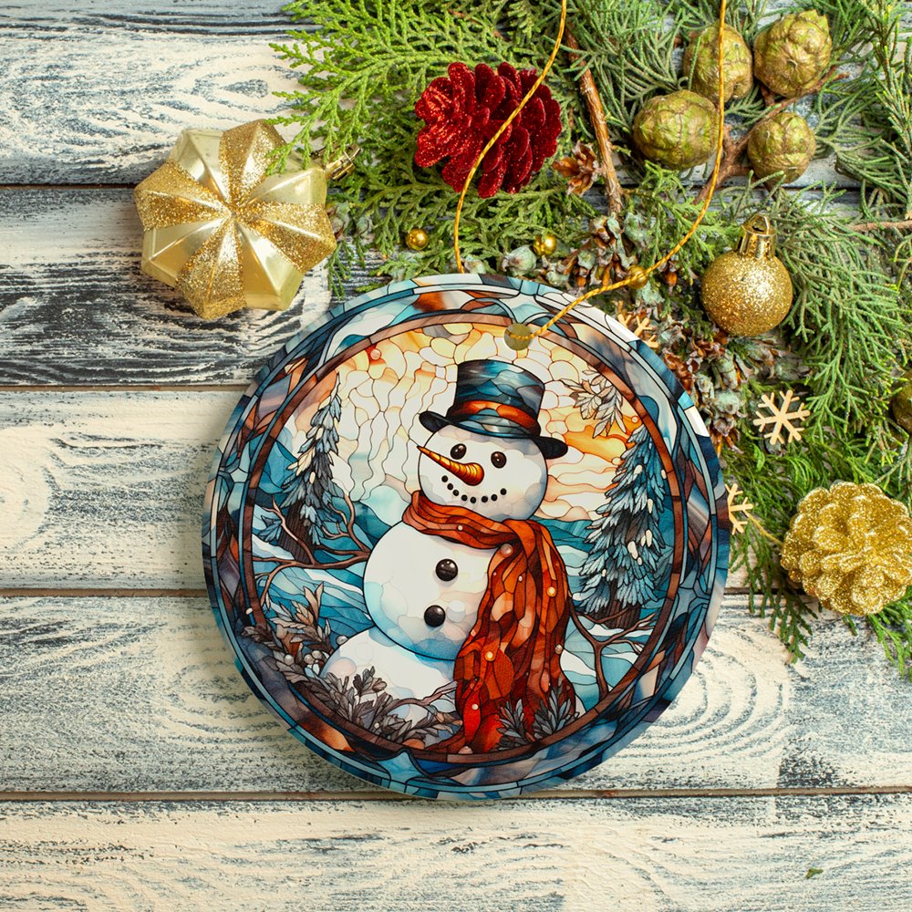 Elegant Snowman Stained Glass Themed Ceramic Christmas Ornament Ceramic Ornament OrnamentallyYou