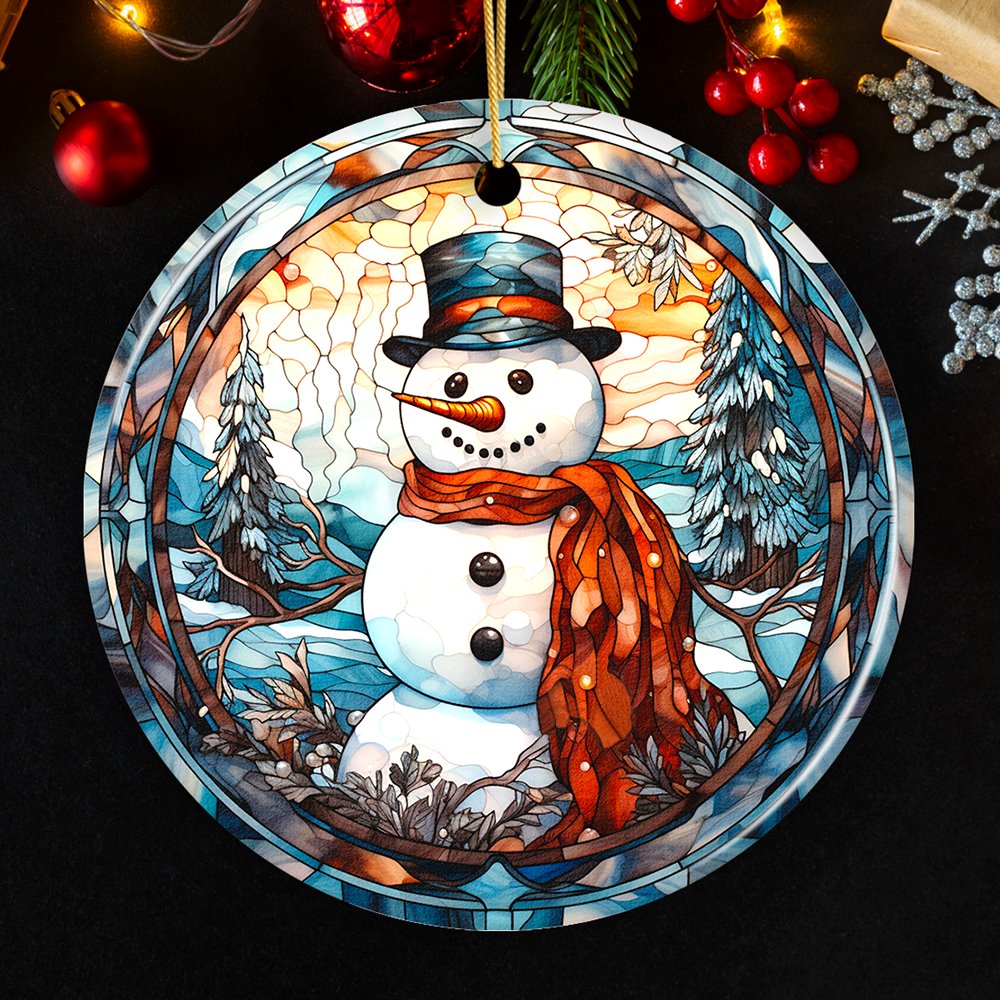 Elegant Snowman Stained Glass Themed Ceramic Christmas Ornament Ceramic Ornament OrnamentallyYou Circle