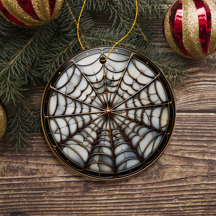 Golden Arachnid Haunt Intricate Spider Web Stained Glass Style Ceramic Ornament, Halloween Themed Christmas Gift and Decor Ceramic Ornament OrnamentallyYou
