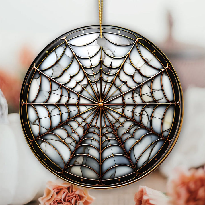 Golden Arachnid Haunt Intricate Spider Web Stained Glass Style Ceramic Ornament, Halloween Themed Christmas Gift and Decor Ceramic Ornament OrnamentallyYou Circle