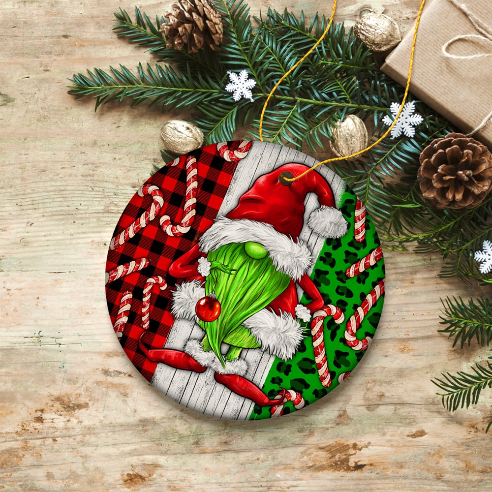 Green Christmas Gnome Festive Holiday Ceramic Ornament, Candy Cane and Plaid Ceramic Ornament OrnamentallyYou