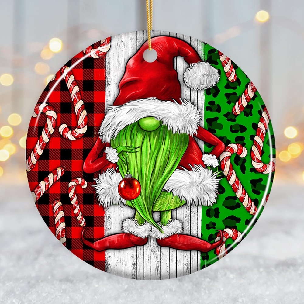 Green Christmas Gnome Festive Holiday Ceramic Ornament, Candy Cane and Plaid Ceramic Ornament OrnamentallyYou Circle 