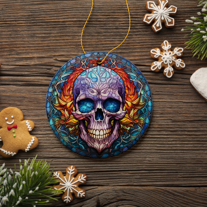 Grim Guardian Haunting Skull Stained Glass Style Ceramic Ornament, Halloween Themed Christmas Gift and Decor Ceramic Ornament OrnamentallyYou