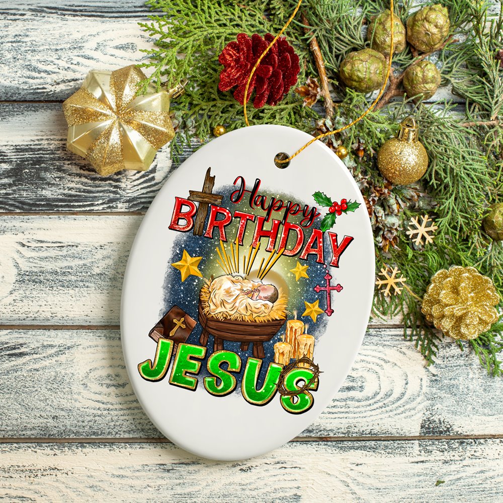 Happy Birthday Jesus Christmas Ornament, Nativity Religious Decor Ceramic Ornament OrnamentallyYou
