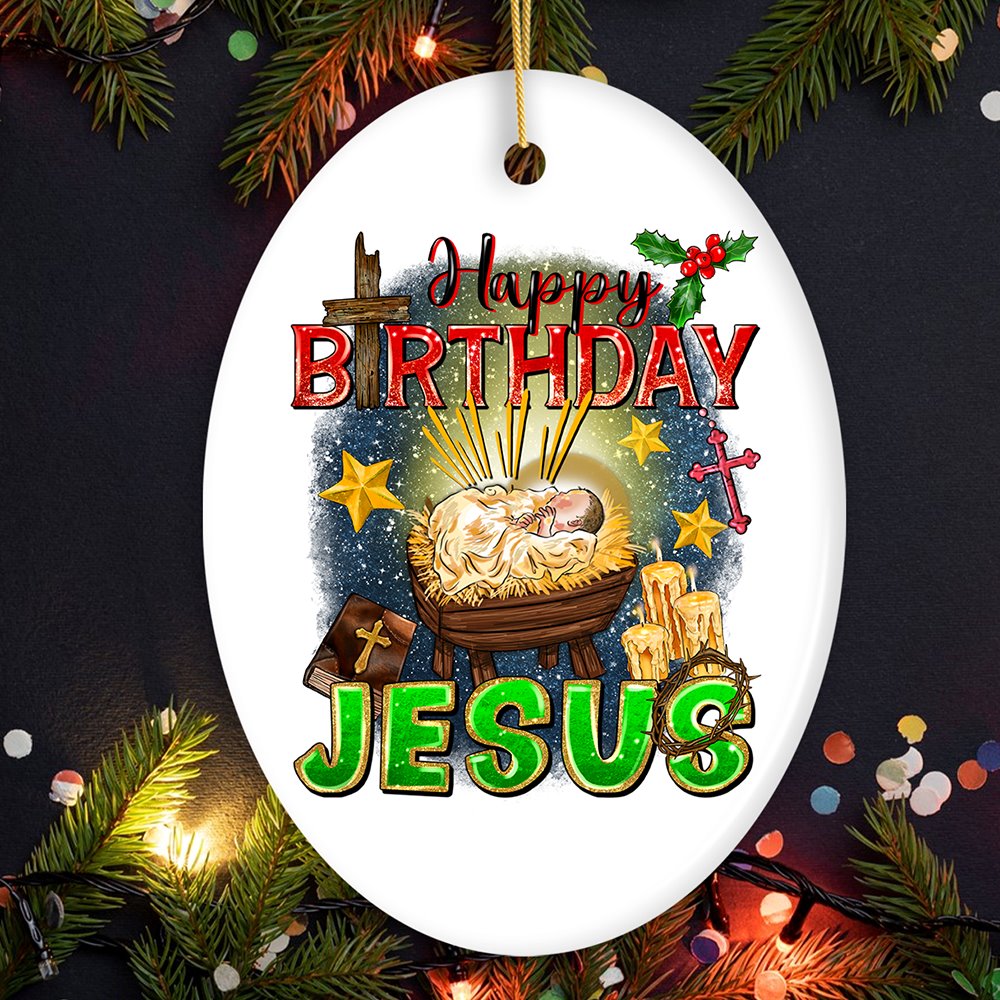 Happy Birthday Jesus Christmas Ornament, Nativity Religious Decor Ceramic Ornament OrnamentallyYou Oval