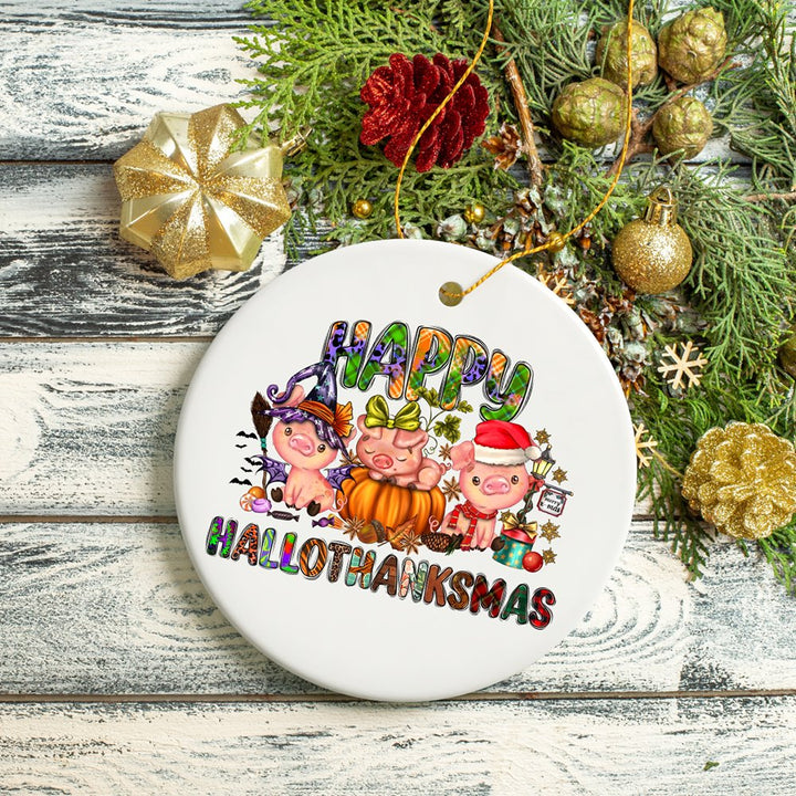 Happy Hallothankmas Cute Festive Pigs Holiday Christmas Ornament, Halloween and Thanksgiving Fall Theme Ceramic Ornament OrnamentallyYou