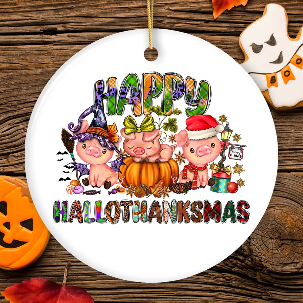 Happy Hallothankmas Cute Festive Pigs Holiday Christmas Ornament, Halloween and Thanksgiving Fall Theme Ceramic Ornament OrnamentallyYou Circle
