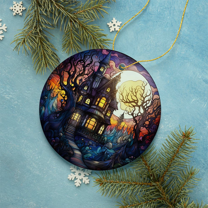 Haunted House Amidst Spooky Woods Stained Glass Style Ceramic Ornament, Halloween Themed Christmas Gift and Decor Ceramic Ornament OrnamentallyYou