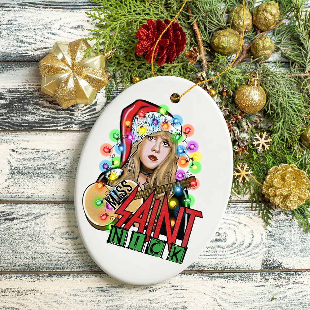 Iconic Miss Saint Nick Bohemian Christmas Ornament, Poetic Guitarist Feminine Rock Theme Ceramic Ornament OrnamentallyYou