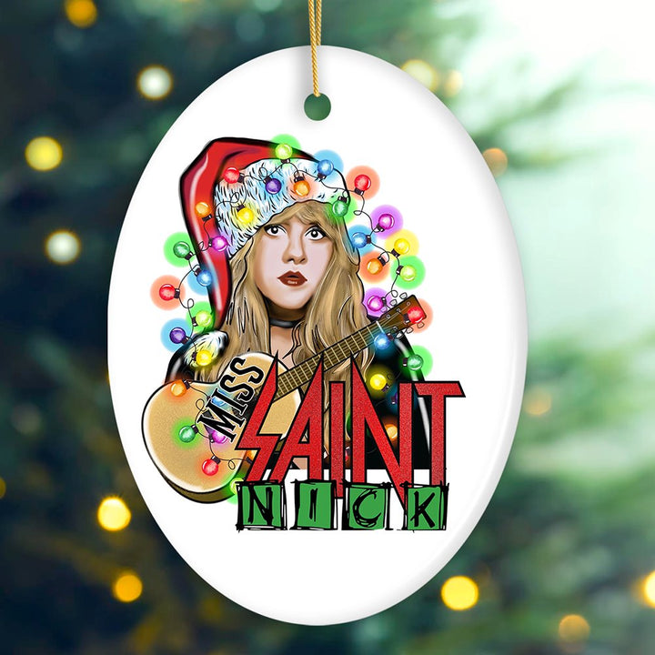 Iconic Miss Saint Nick Bohemian Christmas Ornament, Poetic Guitarist Feminine Rock Theme Ceramic Ornament OrnamentallyYou Oval