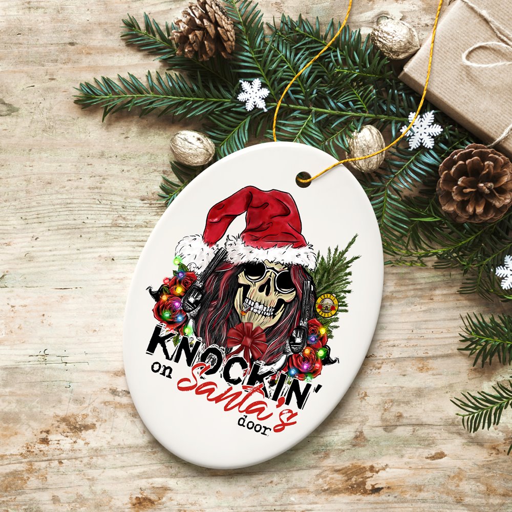 Knockin on Santa’s Door Gritty Rock Style Christmas Ornament, Rebellious Gunslinger Skull and Roses Ceramic Ornament OrnamentallyYou