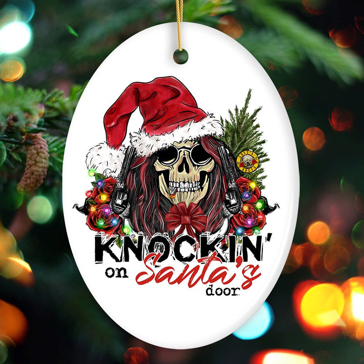 Knockin on Santa’s Door Gritty Rock Style Christmas Ornament, Rebellious Gunslinger Skull and Roses Ceramic Ornament OrnamentallyYou Oval