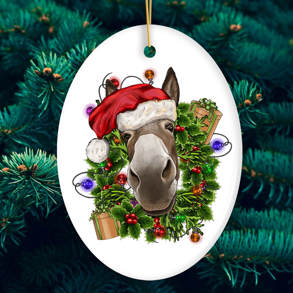 Merry Donkey Christmas Ornament, Ceramic Tree Decoration Ceramic Ornament OrnamentallyYou Oval