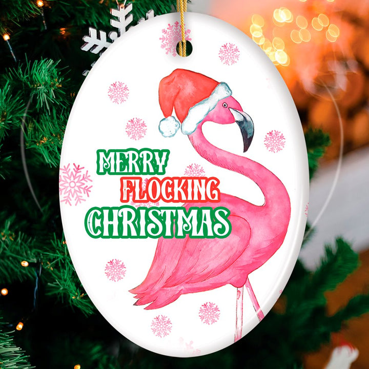 Merry Flocking Christmas Pink Flamingo Christmas Tree Decoration Ornament Ceramic Ornament OrnamentallyYou Oval