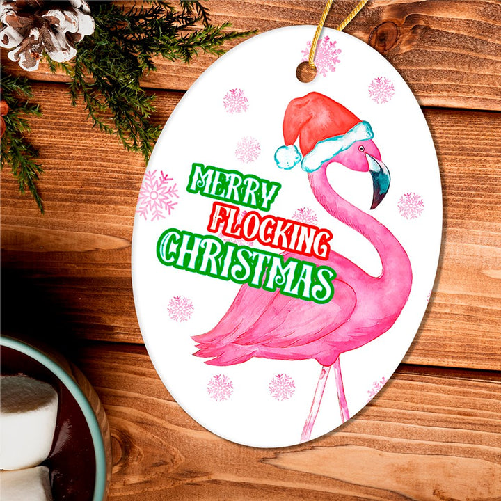Merry Flocking Christmas Pink Flamingo Christmas Tree Decoration Ornament Ceramic Ornament OrnamentallyYou
