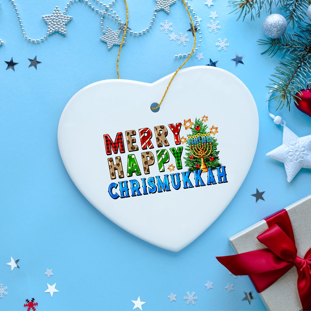 Merry Happy Chrismukkkah Festive Ornament, Christmas and Hanukkah Chanukah Theme Ceramic Ornament OrnamentallyYou 