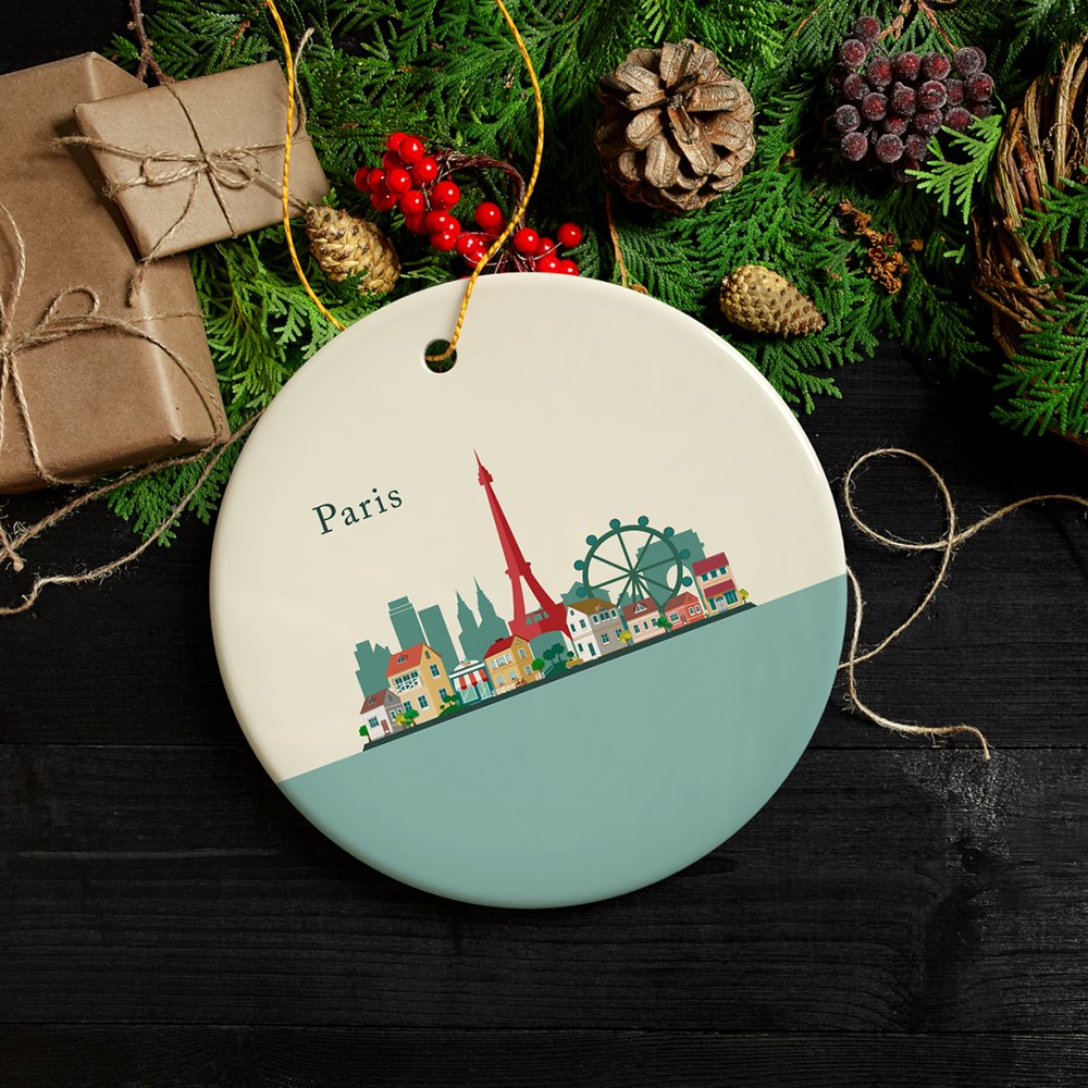 Paris Christmas Ornament, Landmarks in France Illustration Ceramic Ornament OrnamentallyYou
