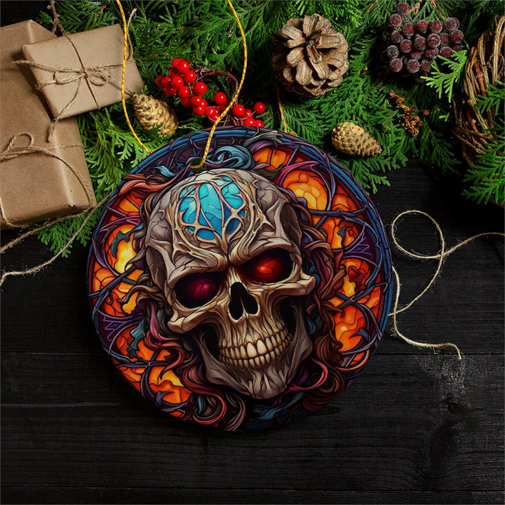 Phantom's Grin Sinister Skull Stained Glass Style Ceramic Ornament, Halloween Themed Christmas Gift and Decor Ceramic Ornament OrnamentallyYou