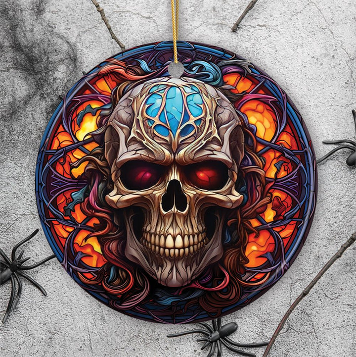 Phantom's Grin Sinister Skull Stained Glass Style Ceramic Ornament, Halloween Themed Christmas Gift and Decor Ceramic Ornament OrnamentallyYou Circle