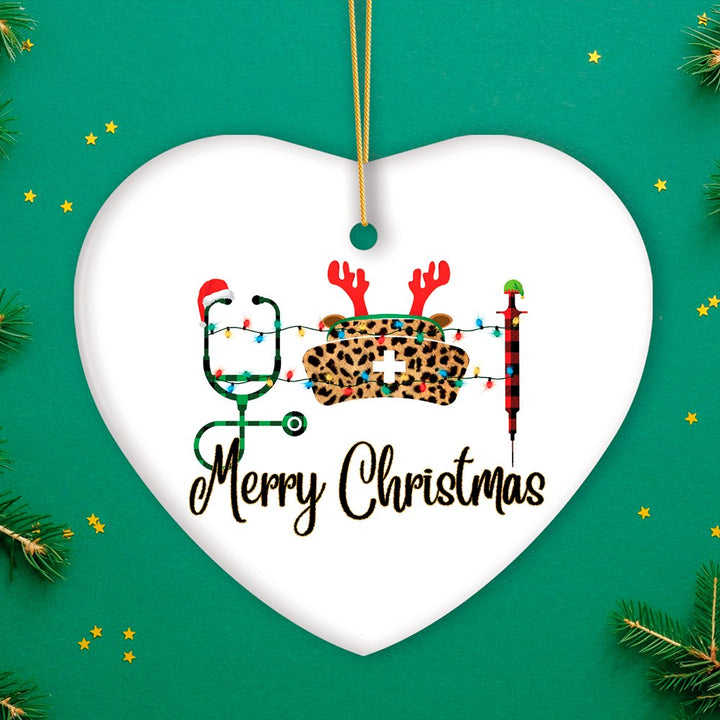 Plaid Nurse Theme Merry Christmas Ornament, Stethoscope and Needle Ceramic Ornament OrnamentallyYou Heart