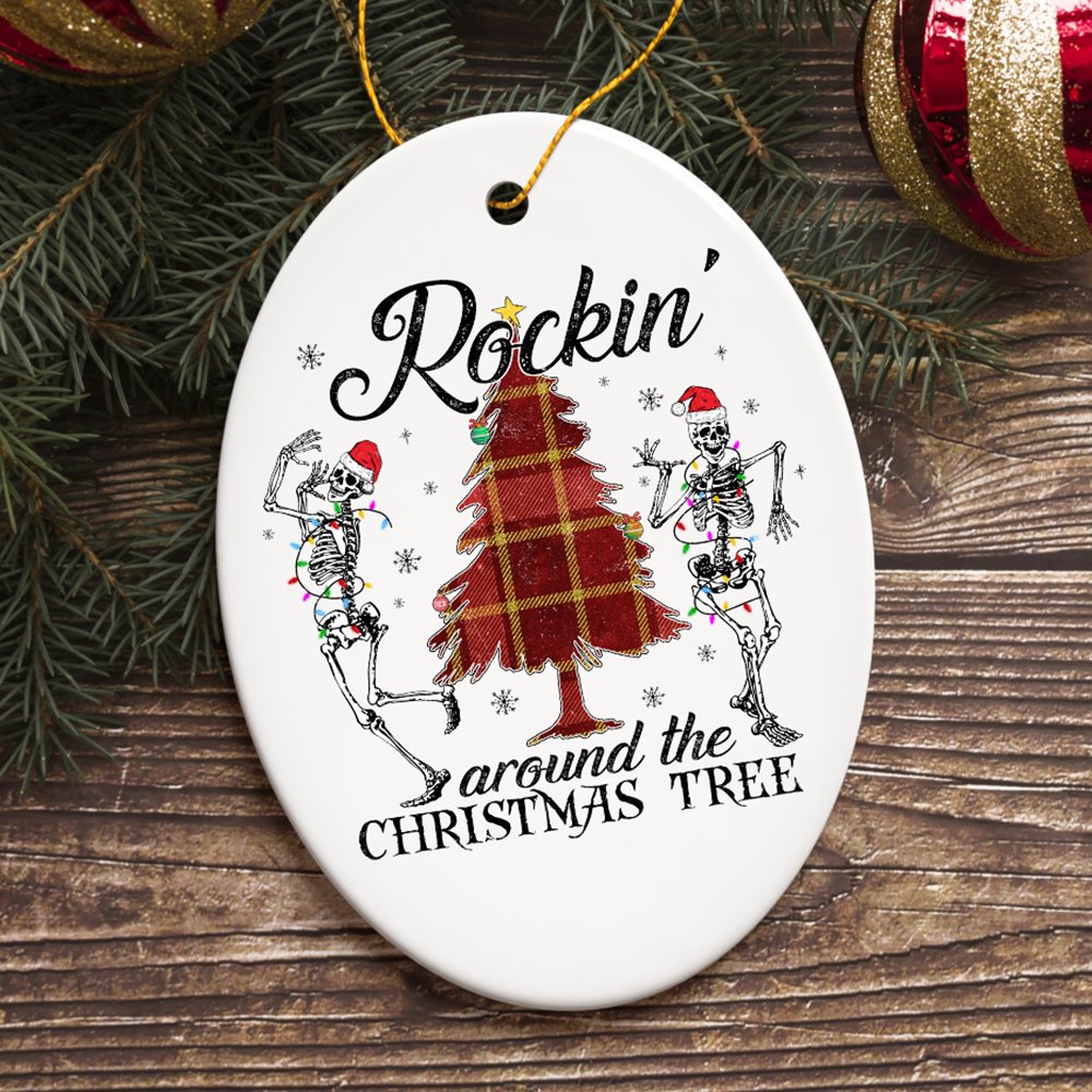 Rockin Around the Christmas Tree Dancing Skeleton Ornament Ceramic Ornament OrnamentallyYou