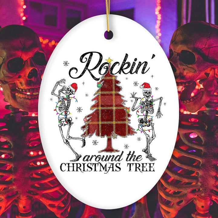 Rockin Around the Christmas Tree Dancing Skeleton Ornament Ceramic Ornament OrnamentallyYou Oval