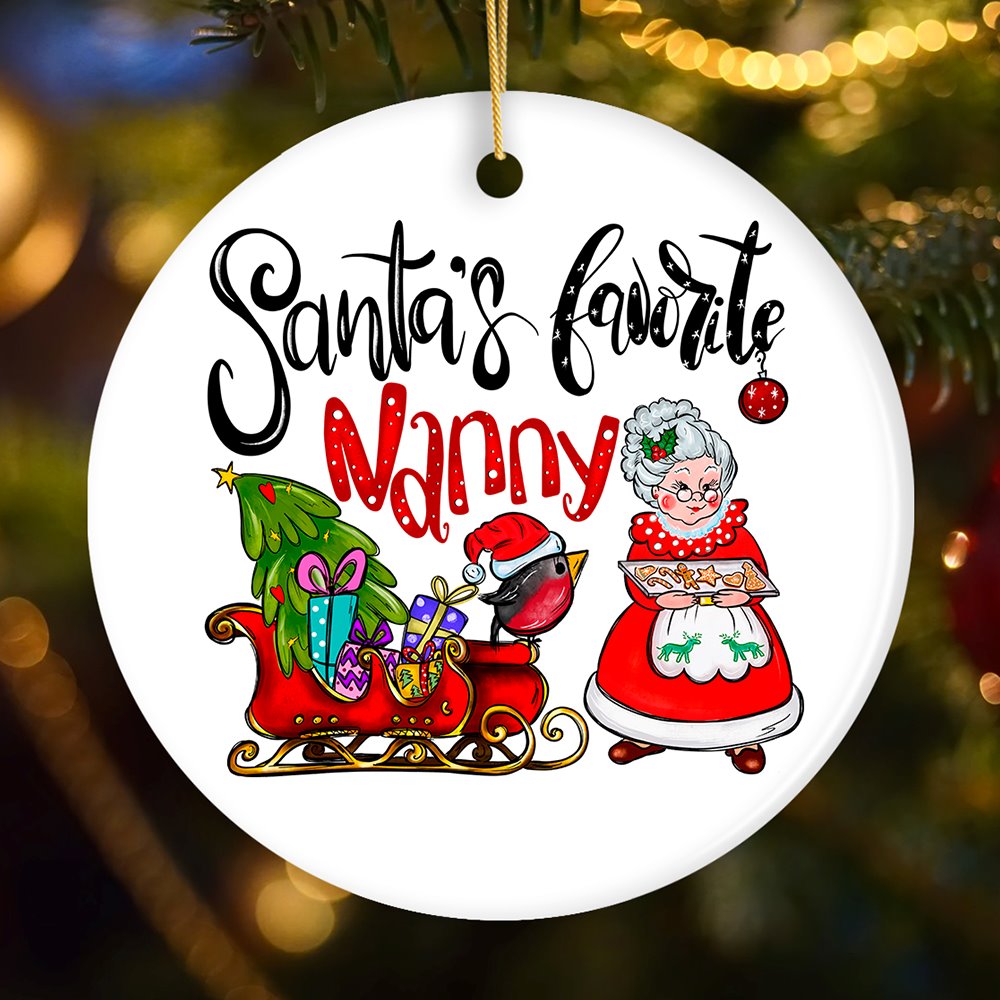 Santa’s Favorite Nanny Christmas Ornament, Babysitter Appreciation Gift Ceramic Ornament OrnamentallyYou Circle