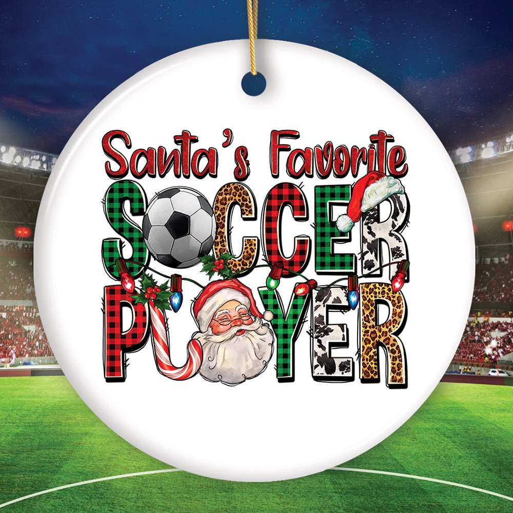 Santa’s Favorite Soccer Player Christmas Plaid Ornament, Coach Football Gift Ceramic Ornament OrnamentallyYou Circle 