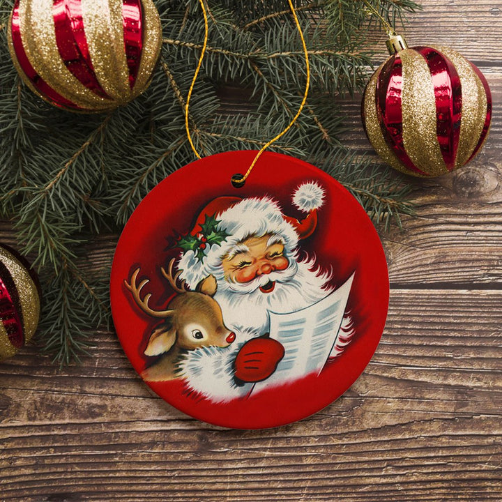 Santa and Baby Reindeer Singing a Christmas Carol Ornament Ceramic Ornament OrnamentallyYou