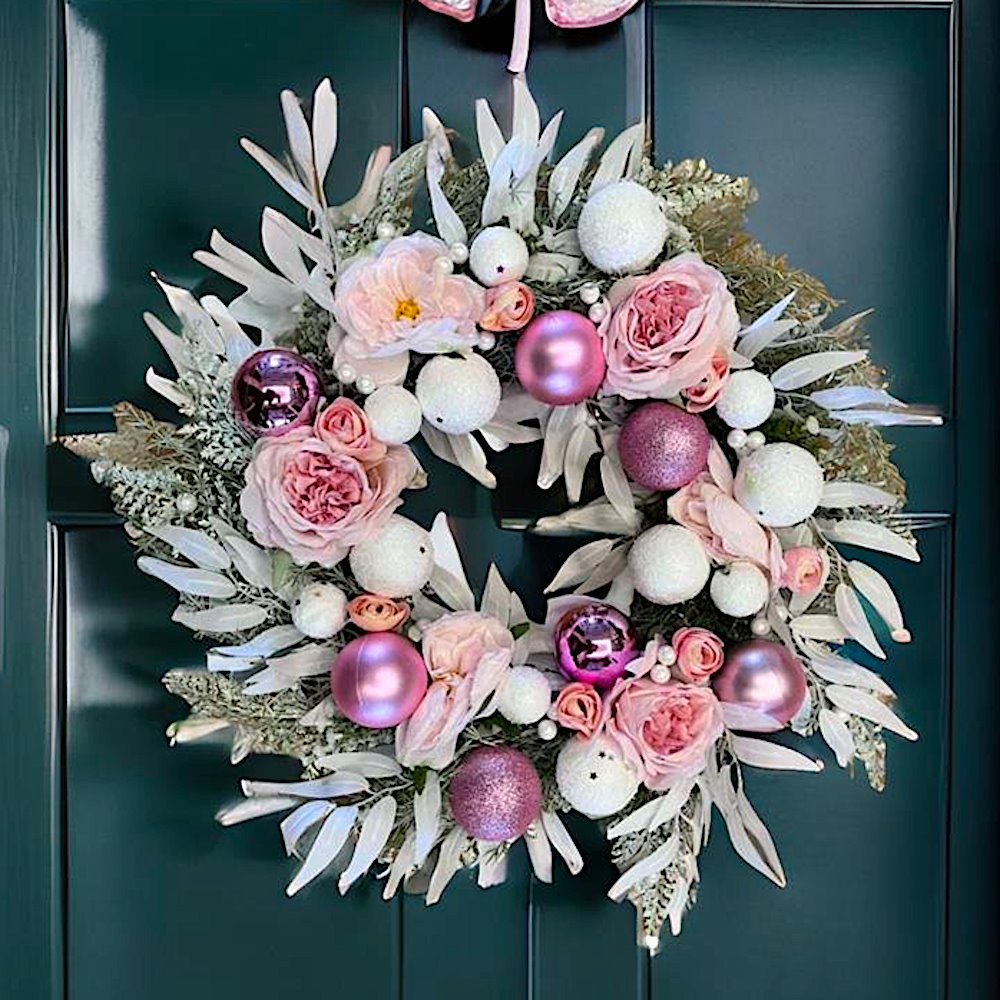 Snow White and Pink Bauble Filled Wreath, Belle Isis Artificial Flowers 22 Inches Wreath Yiwu Qusheng Arts And Crafts Co., Ltd. 