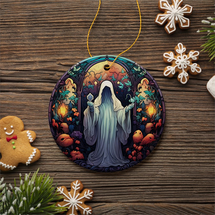 Spectral Shivers Hauntingly Scary Ghost Stained Glass Style Ceramic Ornament, Halloween Themed Christmas Gift Ceramic Ornament OrnamentallyYou