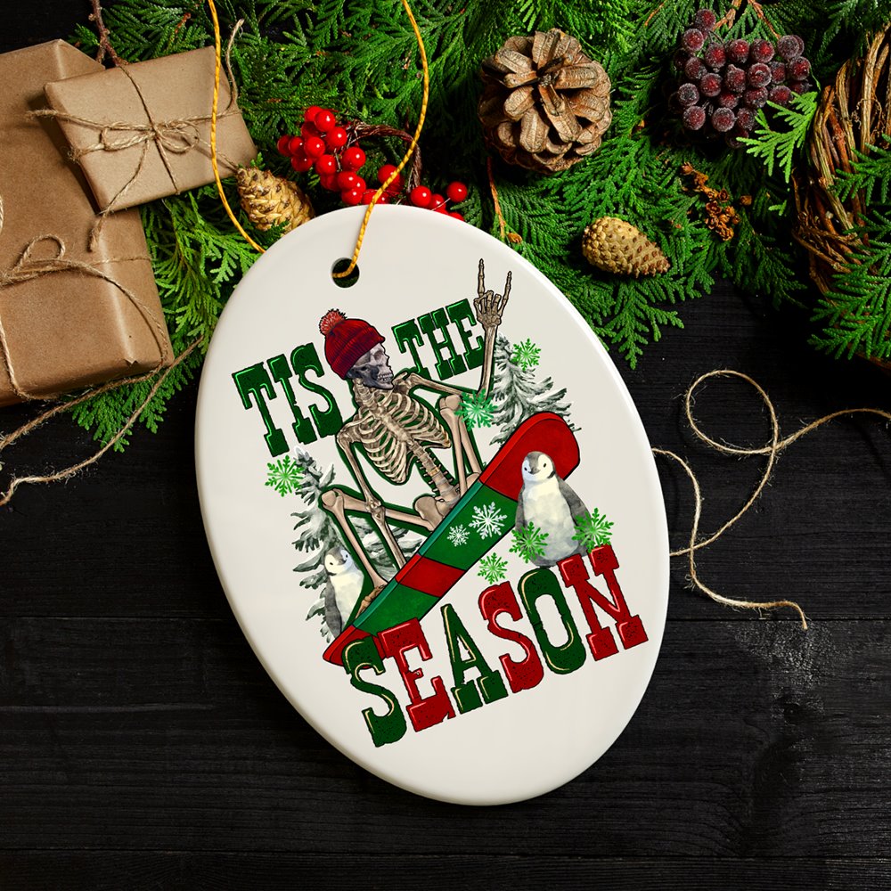 Tis the Season Snowboarding Theme Christmas Ornament, Winter Athlete Funny Skeleton Ceramic Ornament OrnamentallyYou