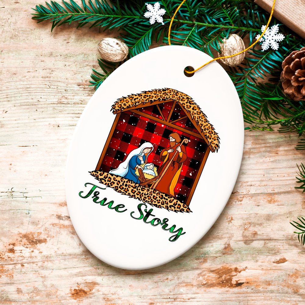 True Story Nativity Plaid Birth of Christ Ornament Ceramic Ornament OrnamentallyYou Oval