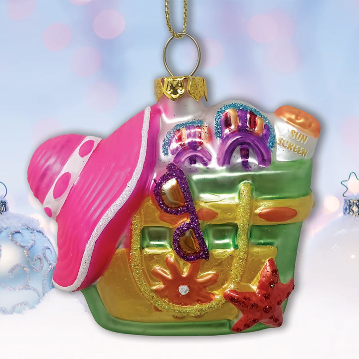 Coastal Beach Bag Glass Christmas Ornament, Ocean Seaside Nautical Home Tree Decoration OrnamentallyYou