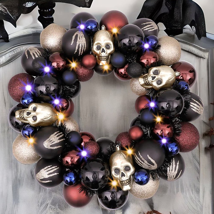 Creep and Glitter Spooky Wreath with Skeleton Skull Baubles, Black, Maroon and Gold Colors with Shiny Glitter Wreath OrnamentallyYou