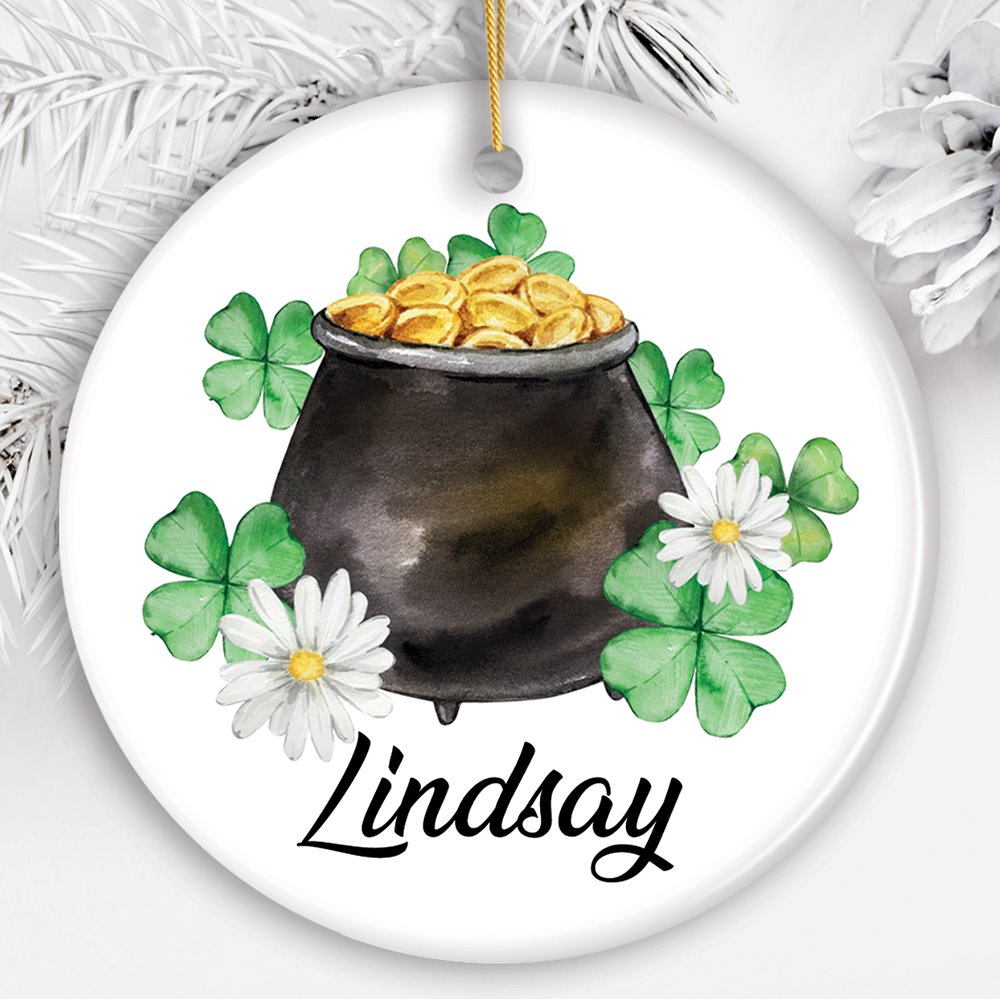 Customized St Patrick’s Day Mini Ornament with Pot of Gold and Custom Name, Irish Gift Ceramic Ornament OrnamentallyYou Circle 