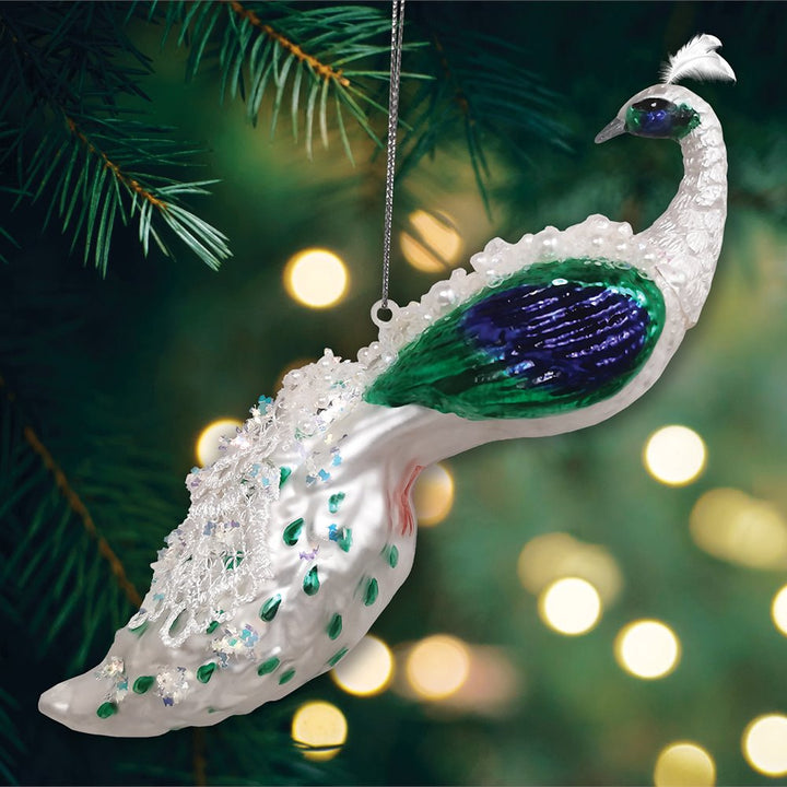 Elegant Winter Peacock Glass Christmas Ornament OrnamentallyYou