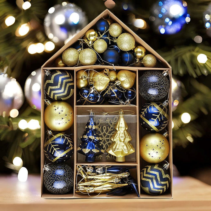 Glam and Glittered Gold and Blue Elegant Christmas Ornament Set, 70 Assorted Balls, Trees, Snowflakes, and Royal Heart Pendants Ornament Bundle OrnamentallyYou
