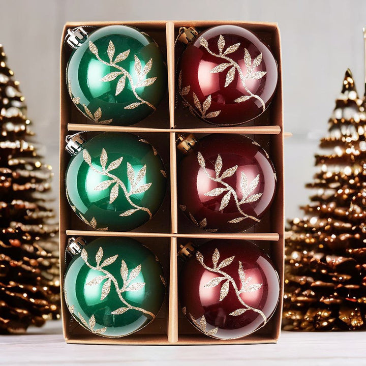 Majestic Gold Glittered Floral Bauble Christmas Ornament Set, 6 Pieces of Maroon and Green Round Tree Balls Ornament Bundle OrnamentallyYou
