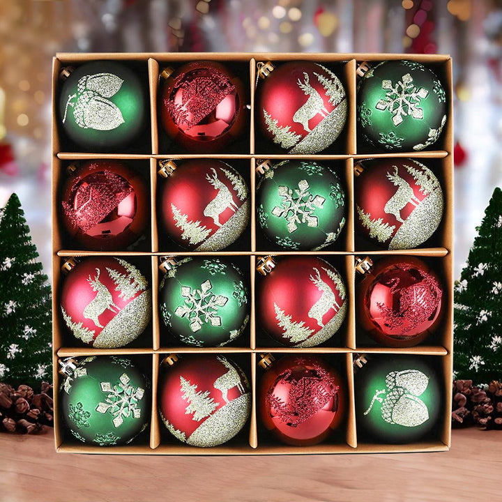 Majestic Winterly Nature Glittered Ornament Bauble Set, Red and Green Balls Bundle with Acorns, Snowflakes, and Spruce Tree Accents Glass Ornament OrnamentallyYou