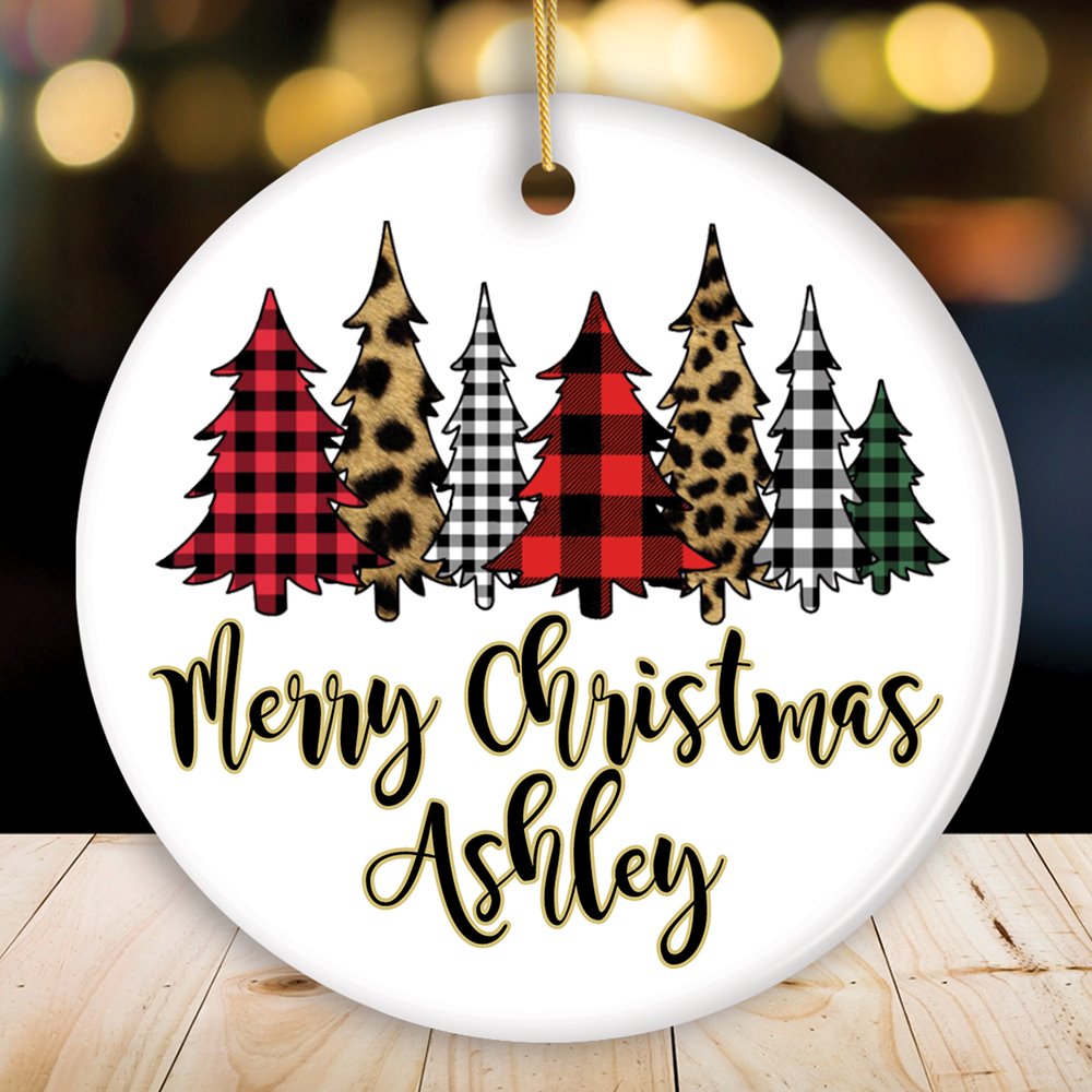 Merry Christmas Buffalo Plaid and Leopard Cheetah Trees Personalized  Ornament