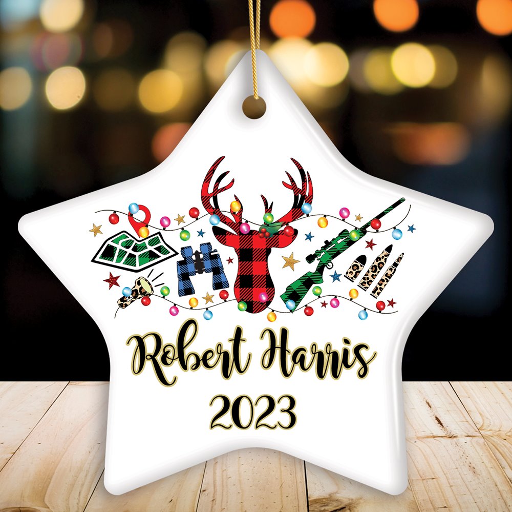 Personalized Buffalo Plaid Hunting Theme Christmas Ornament, Hunter Gift, Red and Green Deer and Gun Ceramic Ornament OrnamentallyYou Star 